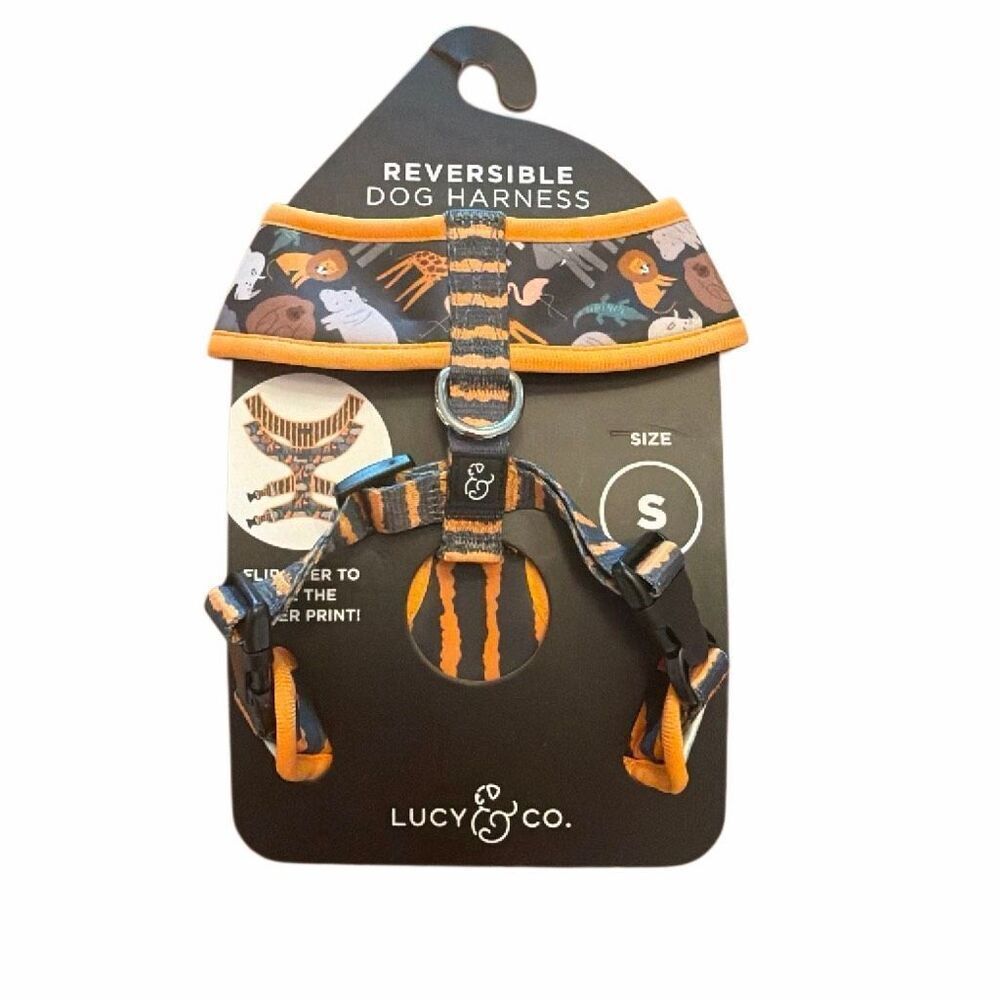 Lucky & co. reversible Dog Harness size S safari animals/ stripped orange + gray